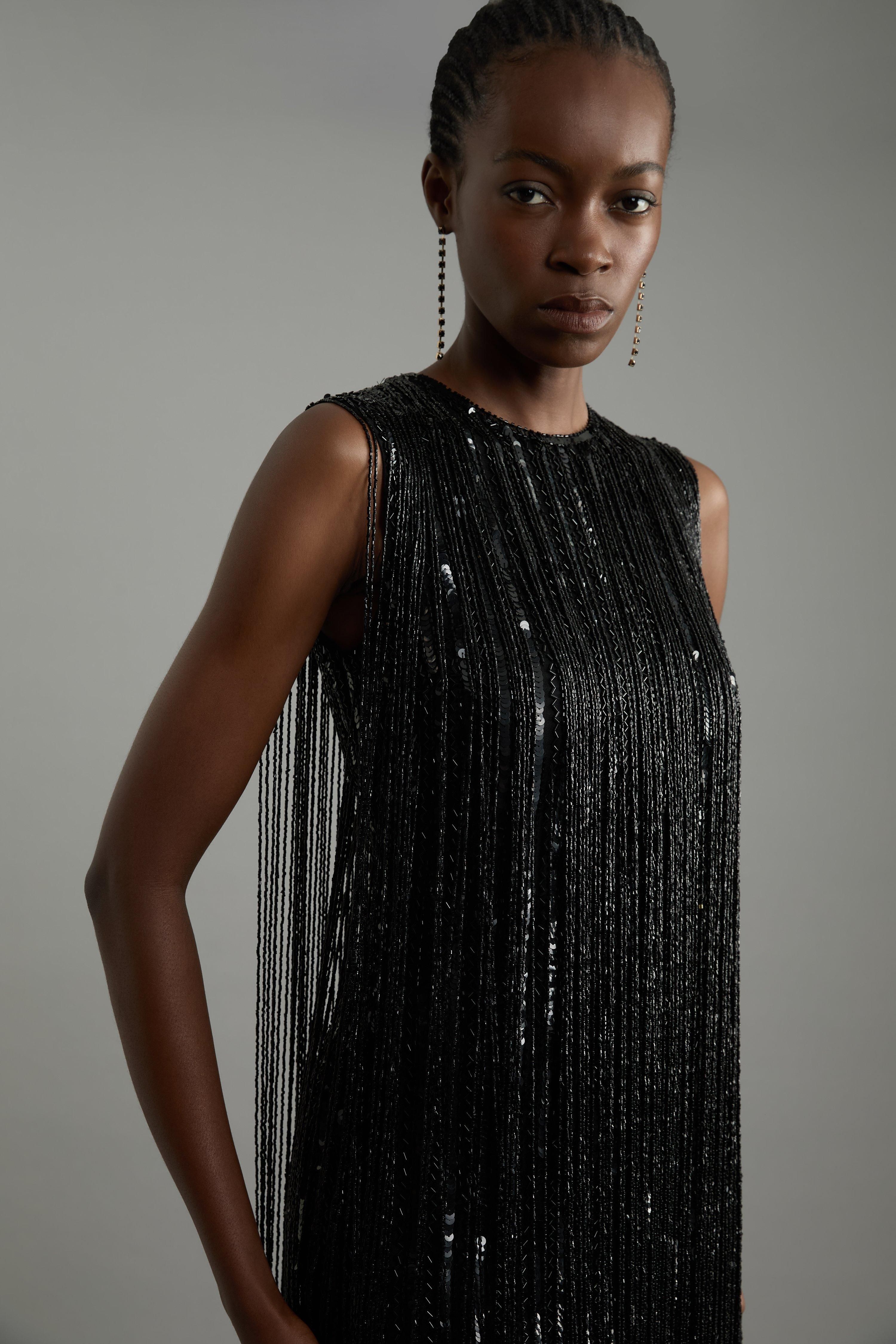 KarenMillen Beaded Fringed Sleeveless Woven Midi Dress