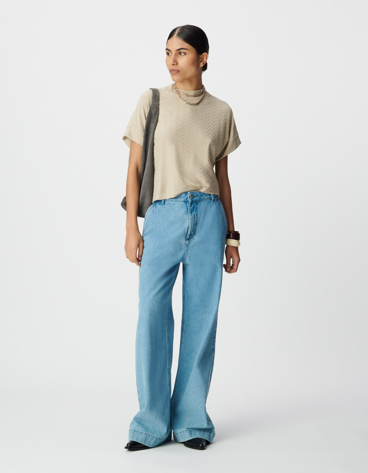 Tee-shirt manches courtes beige  lurex maille ajourée Femme
