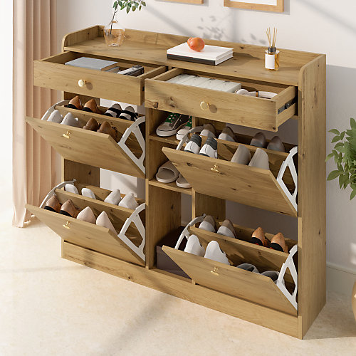Meuble à chaussures 110 x 26 x 100 cm - 4 portes abattantes, 2 tiroirs et 3 étagères ouvertes - Panneaux de particules - Naturel