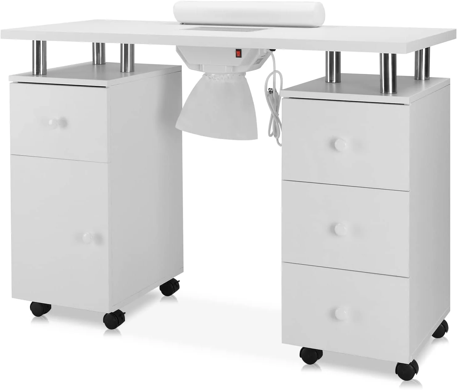 Manicure Table Nail Desk for Nail Tech w/Electric Dust Collector  Wrist Rest, Acetone Resistant Top Beauty Salon Nail Supplies Decor Station w/Lockable Wheels, Cabinet, Drawer (White)(White)