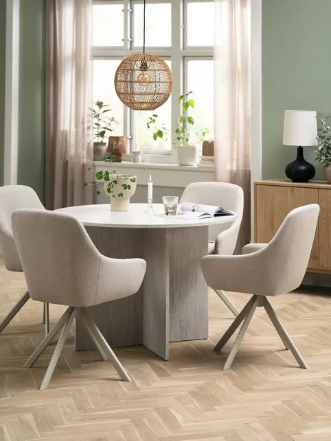 KRONDAL Ø110 bord travertin + 4 ROSTRUP stole beige