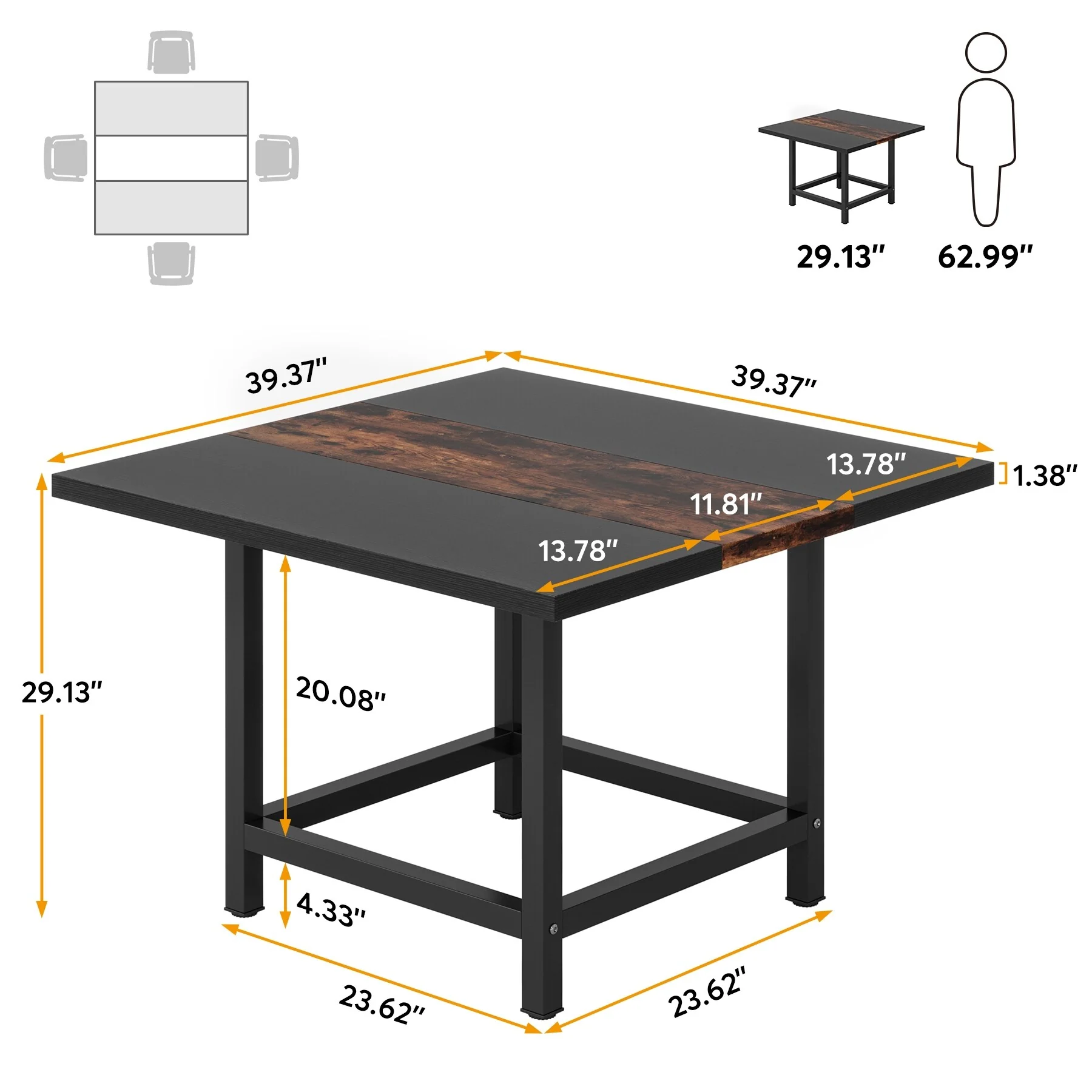 Farmhouse Square Dinning Table for 4, Rustic 39x 39x29 “ Wooden Kitchen Table,Dinner Table Patio Table for Backyard,