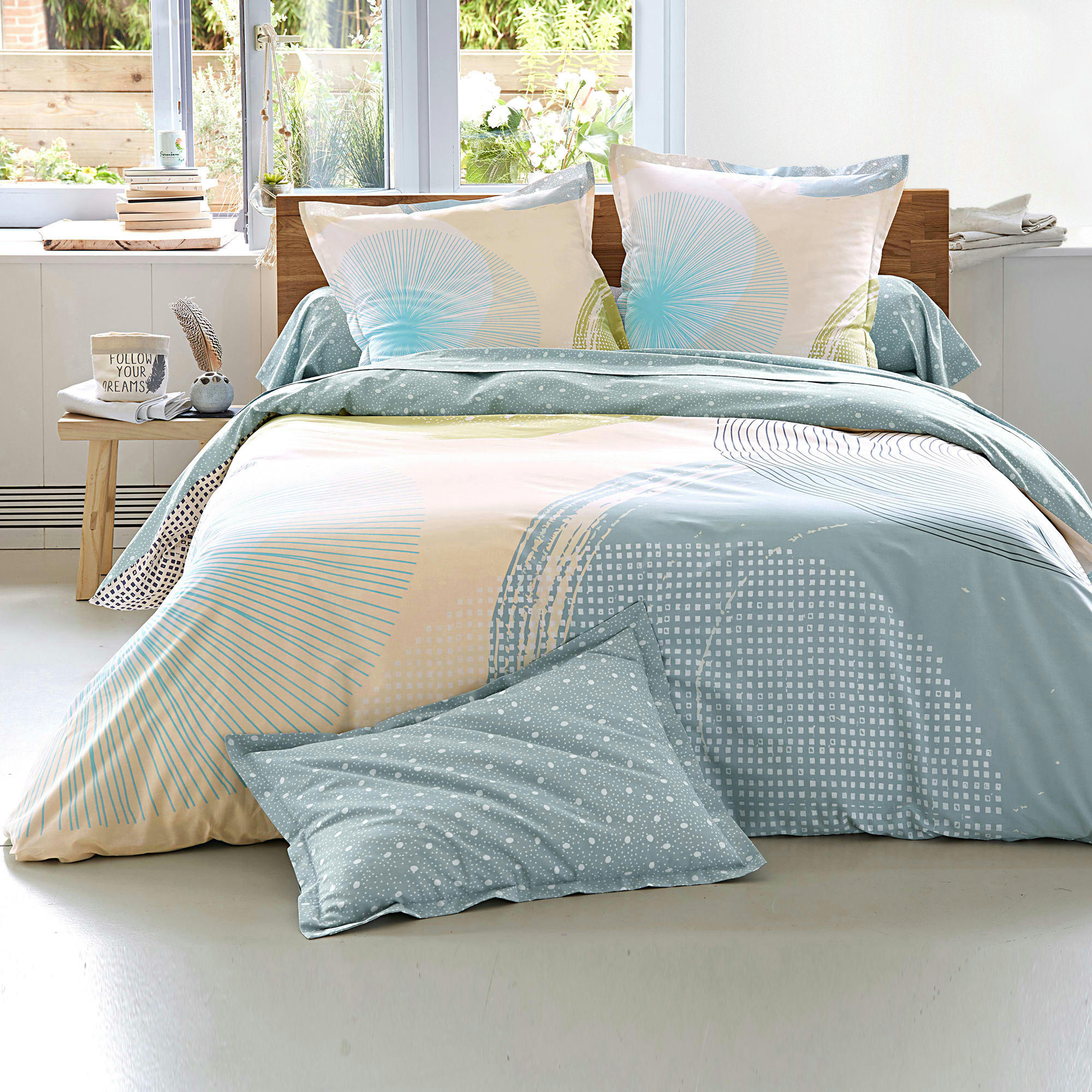 JARDIN ZEN - Housse de couette 140x200 bleue en coton