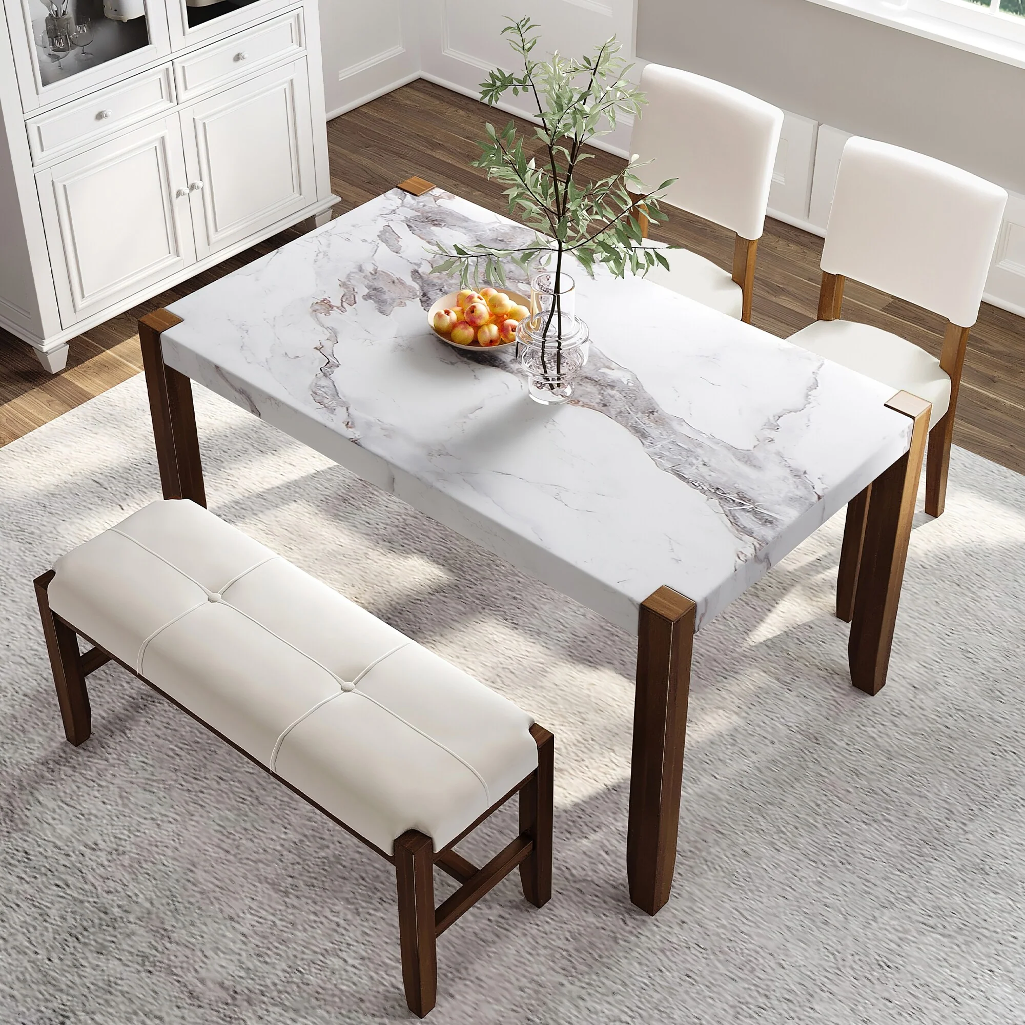 4-Piece Dining Table Set with 2 Upholstered Chairs and Bench