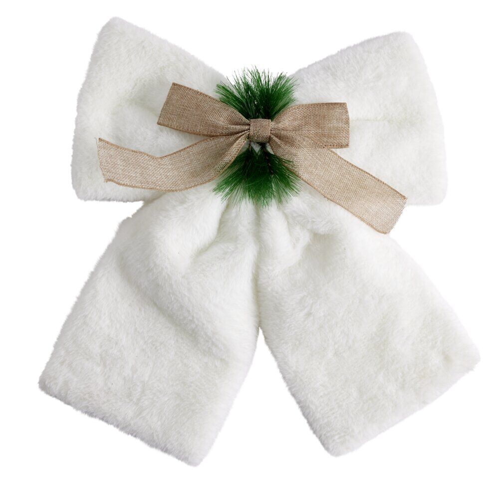 Noeud décoratif No&euml;l XL toucher peluche blanc avec décor vert et marron 40x40cm