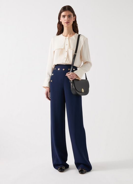 Olive Navy Viscose Blend Crepe Sailor Trouser