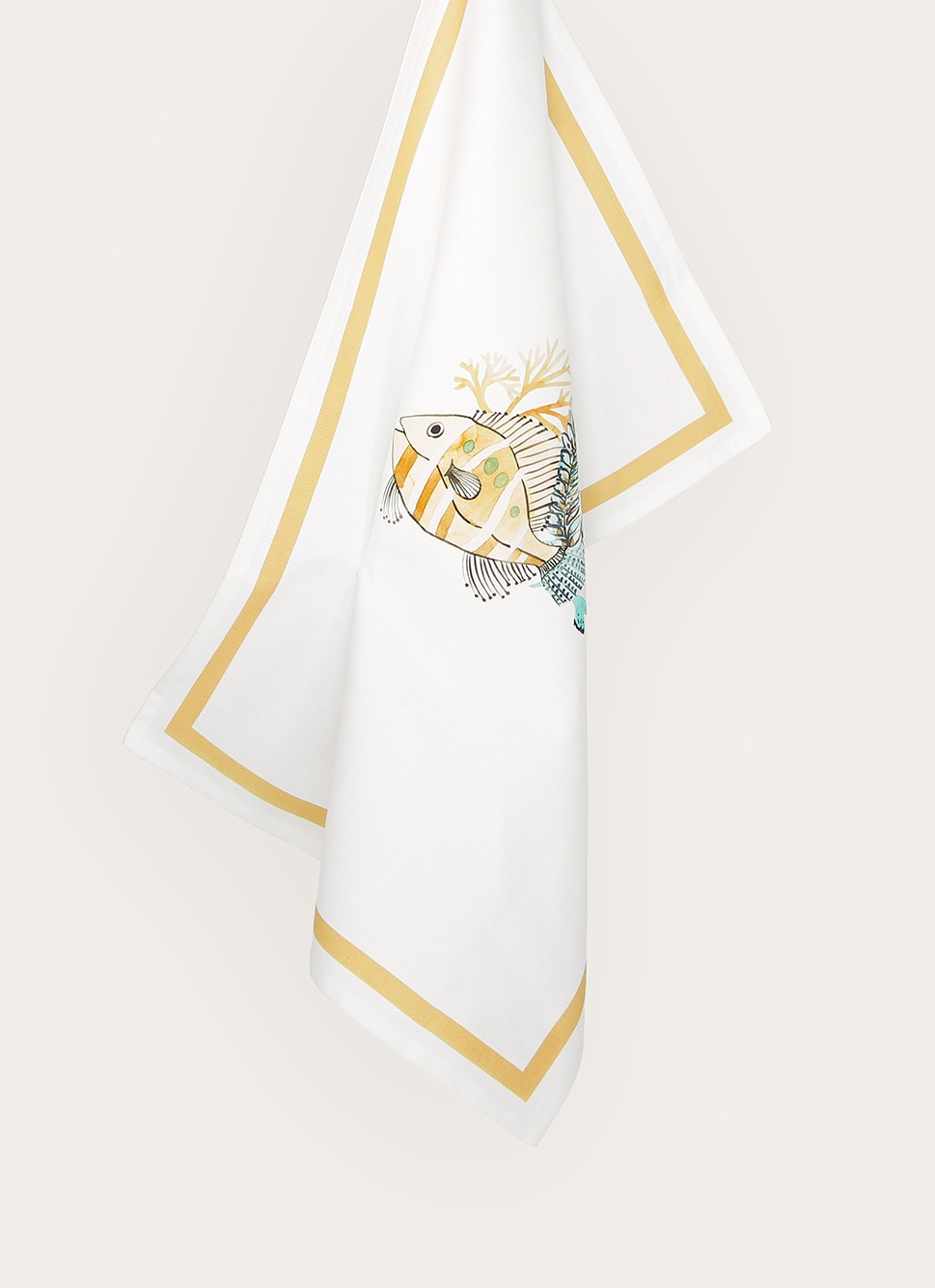 TORCHON EN COTON IMPRIMÉ POISSONS ET CORAUX BLANC OCRE