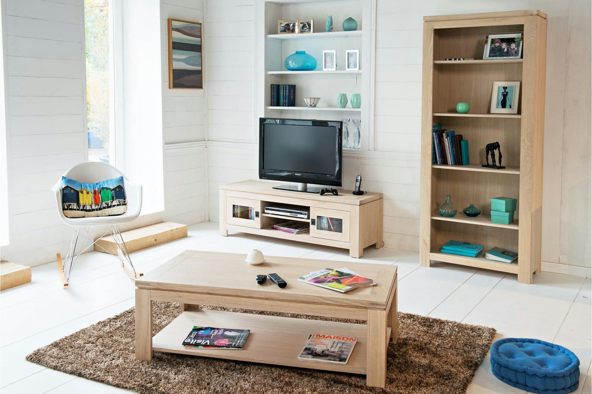 BOSTON - Table basse rectangulaire finition bois chêne blanchi massif