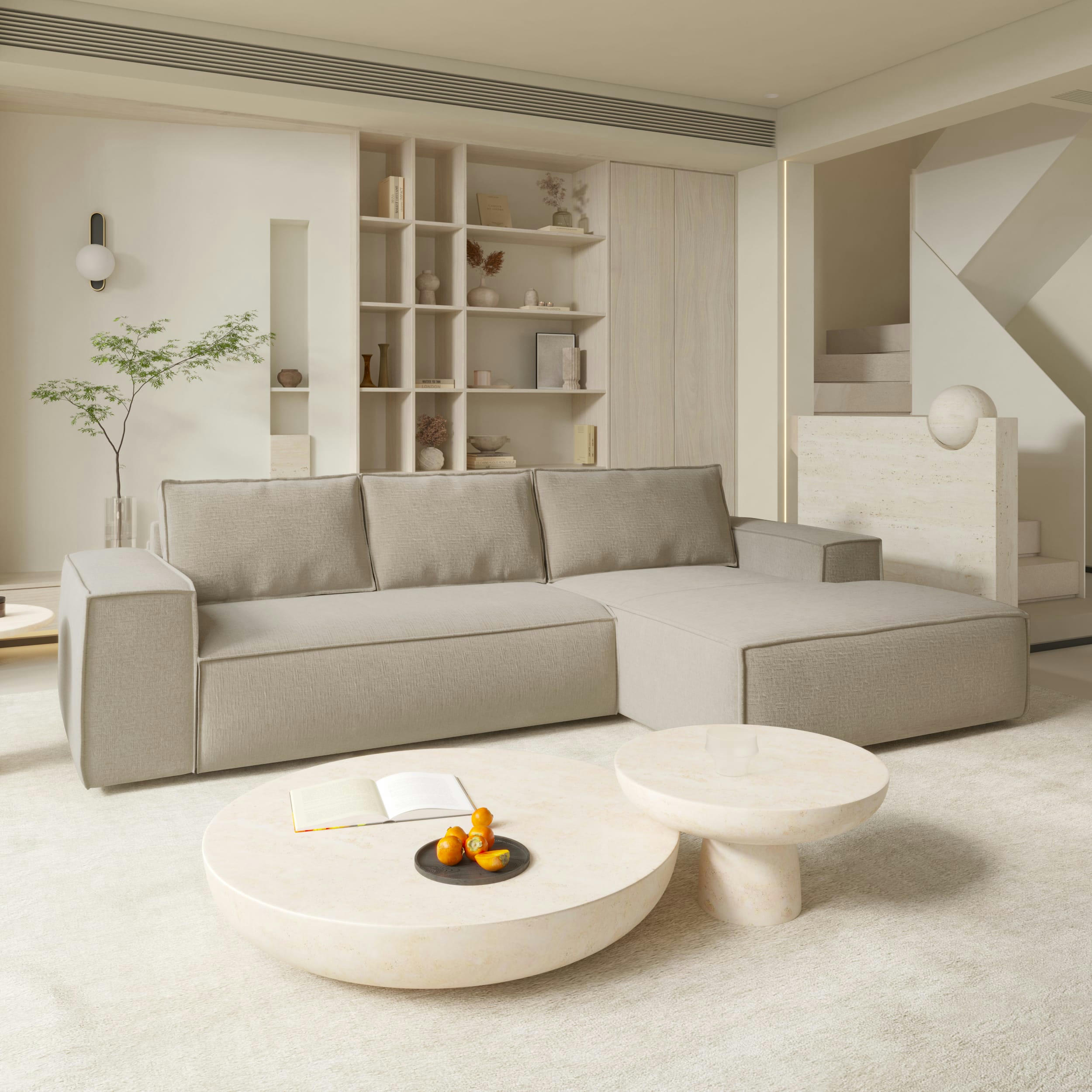 JOAN - Canapé convertible angle droit dunlopillo velours texturé beige 140cm