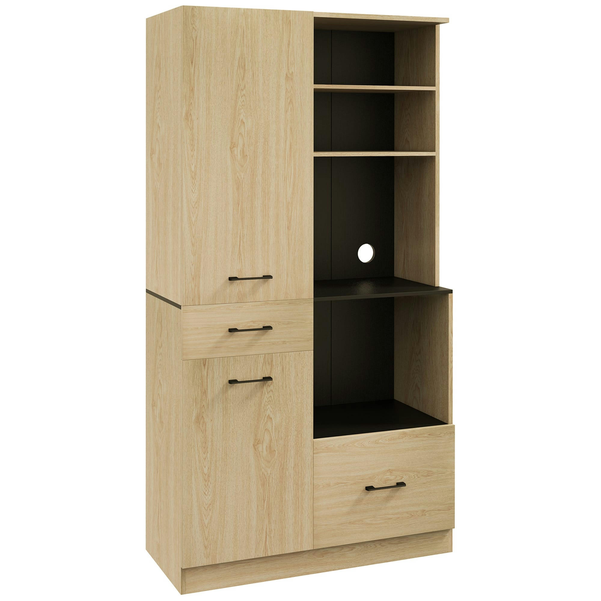 - Buffet haut 2 portes 3 étagères 2 tiroirs 4 niches noir aspect chêne