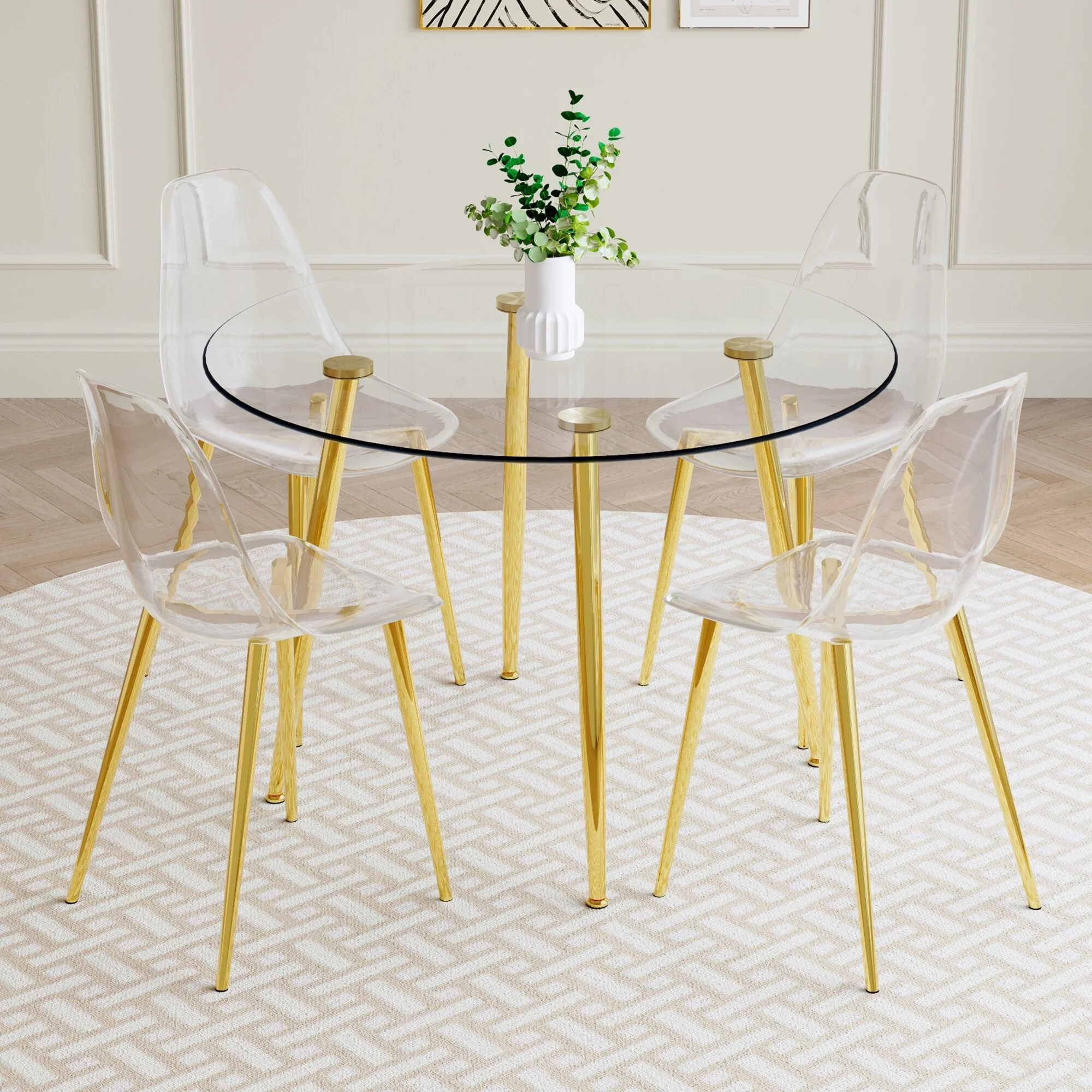 Modern Style 5-Piece Dining Set with Round Transparent Tempered Glass Table and 4 Transparent Dining Chairs