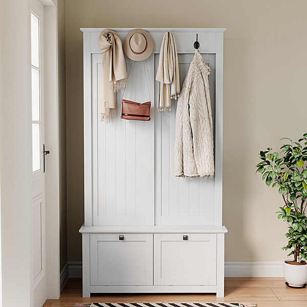 Meuble d'entrée 100x50x180 cm, portes coulissantes, étagères chaussures et crochets, MDF blanc