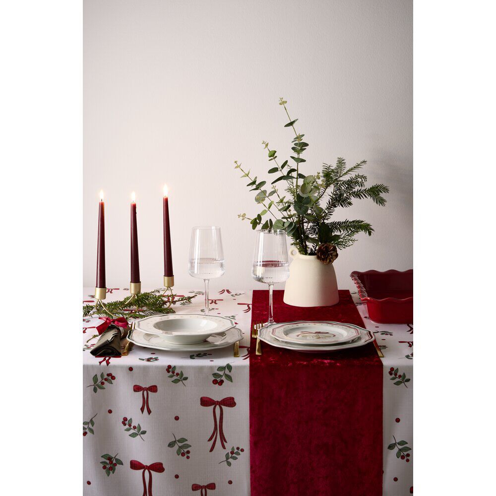 Nappe polyester imprimé noeuds et houx L300X140 cm blanc rouge et vert