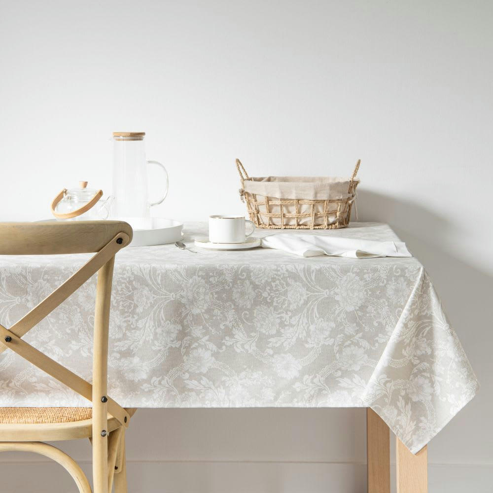 DANIA - Nappe enduite en coton imprimé fleuri beige et écru 150x250