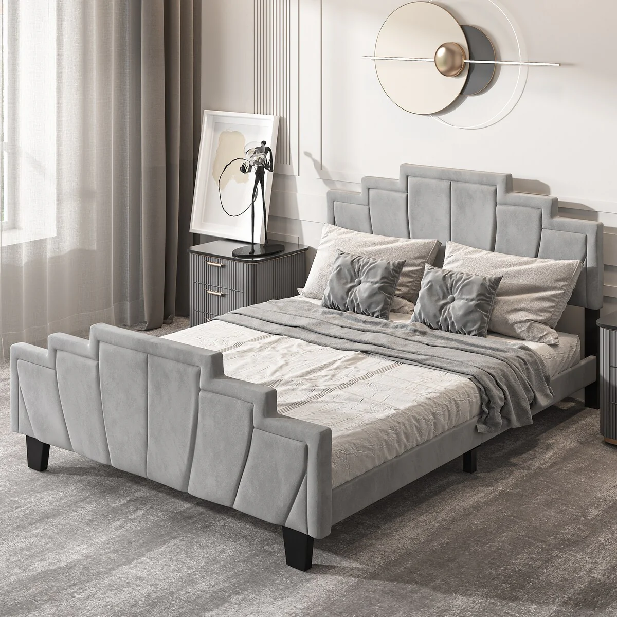 Liftable Scallop Velvet Upholstered Headboard Platform Bed Frame