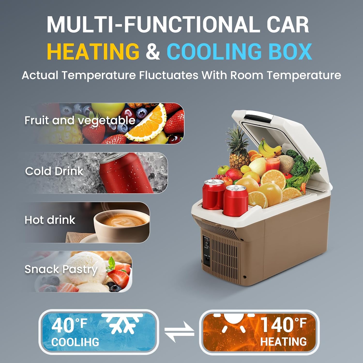 ICEROVER 12V Portable Car Refrigerator Cooler/Warmer 8 Quart (9L) Car Fridge 40~140℉,12 V110V-220V, Electric Compact Camping Cooler Thermoelectric 12V Small Fridge for RV,Camping (Brown)
