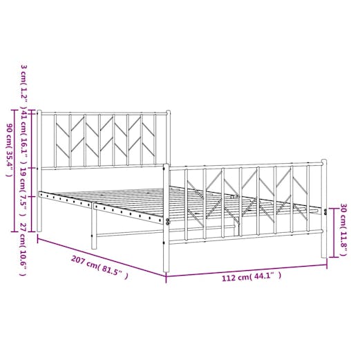 NNEVL Metal Bed Frame with Headboard and Footboard&nbsp;White 107x203 cm