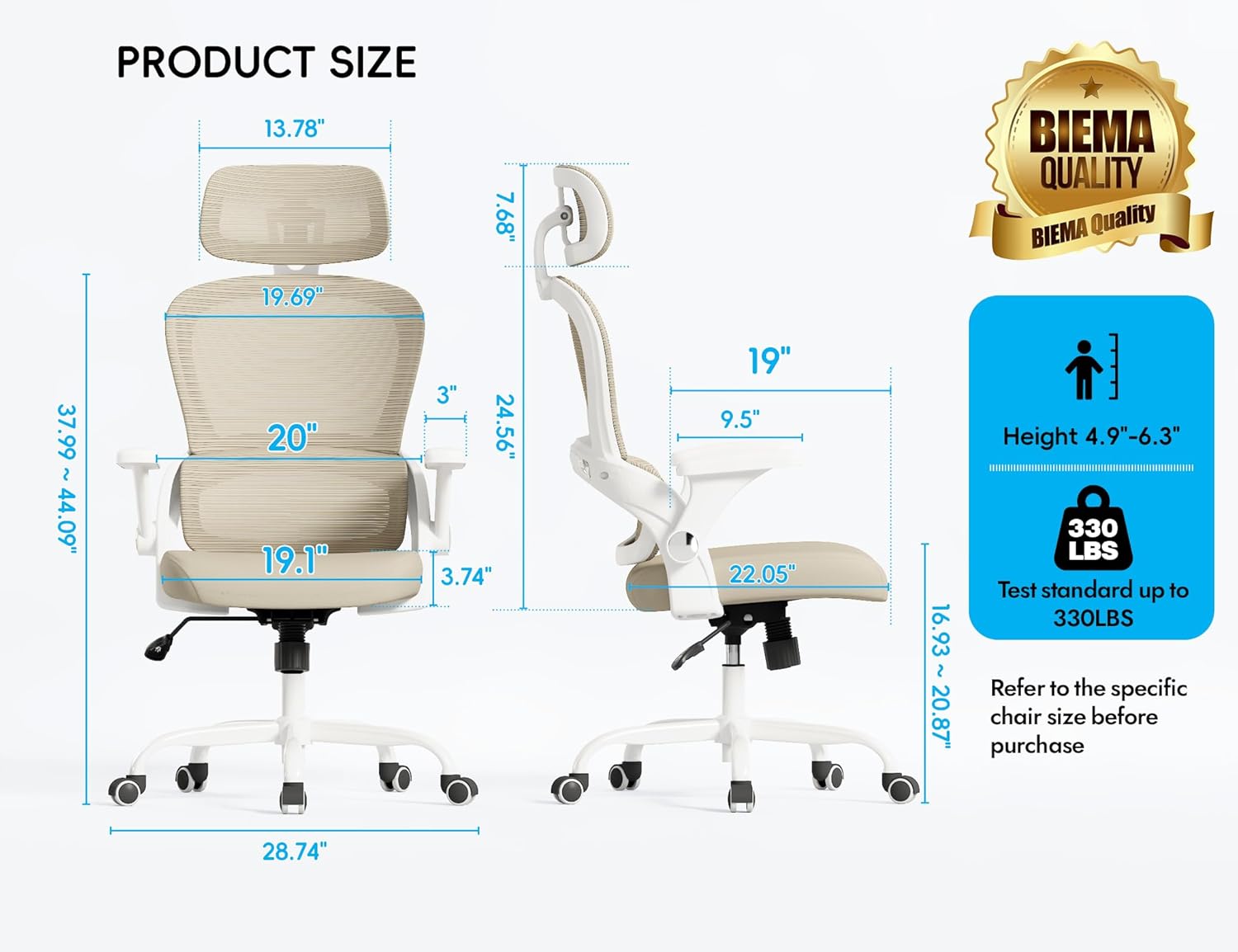 TRALT Office Chair - Ergonomic Office Chair with Back Support, Computer Chair - Home Office Desk Chairs, 330lbs Wide Seat Big and Tall Office Chairs with Headrest, Comfy Desk Chairs (Beige)