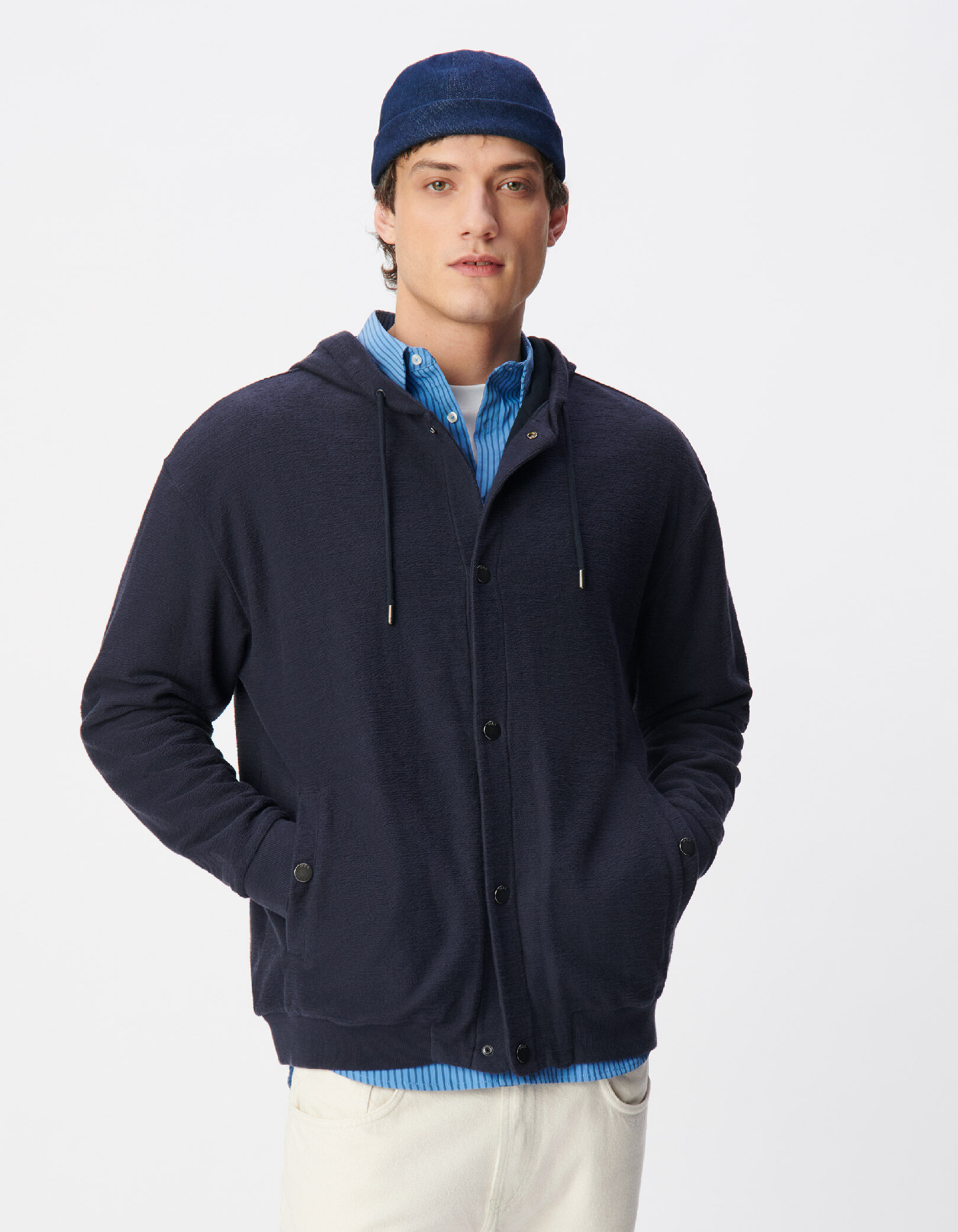 Cardigan capuche marine boutons pressions Homme