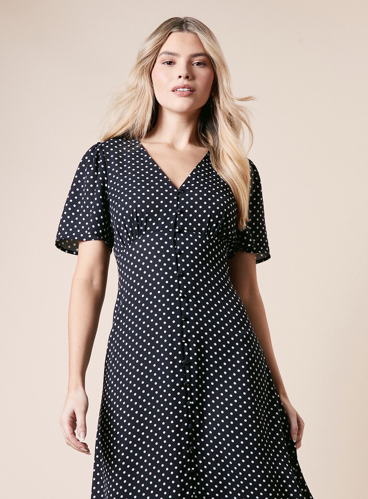 Dorothy Perkins Spot Button Through Flutter Sleeve Midi Dress