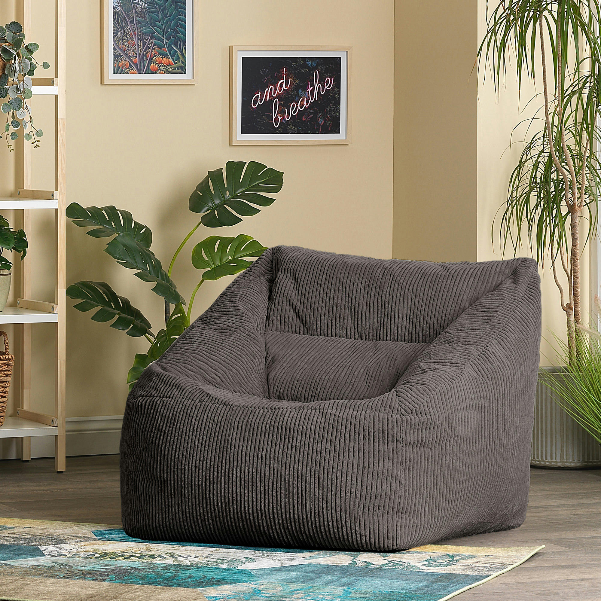 MORGAN - Pouf fauteuil velours côtelé gris anthracite