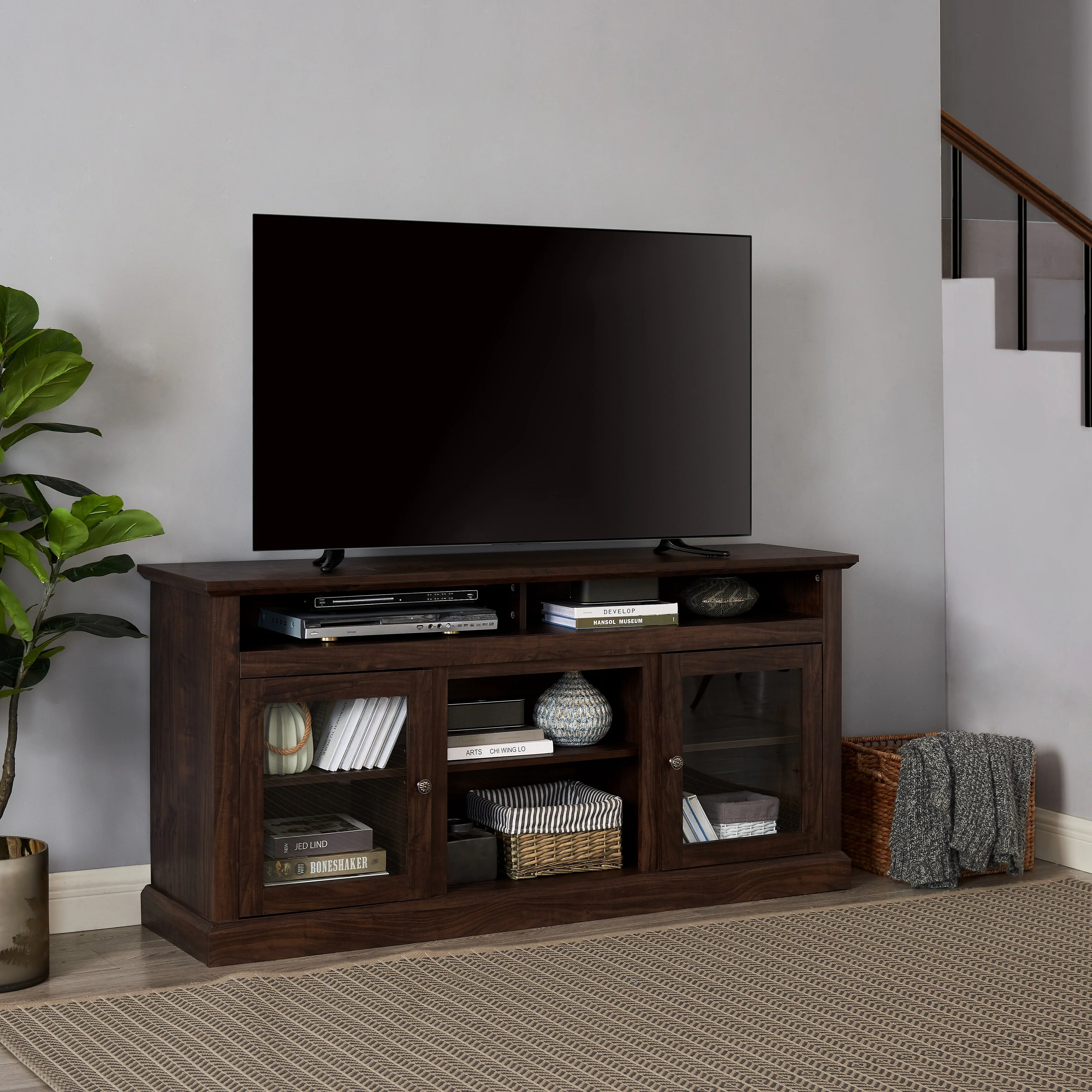 Brown 60 Modern TV Stand with Shelves & Glass Cabinets for TVs Up to 65