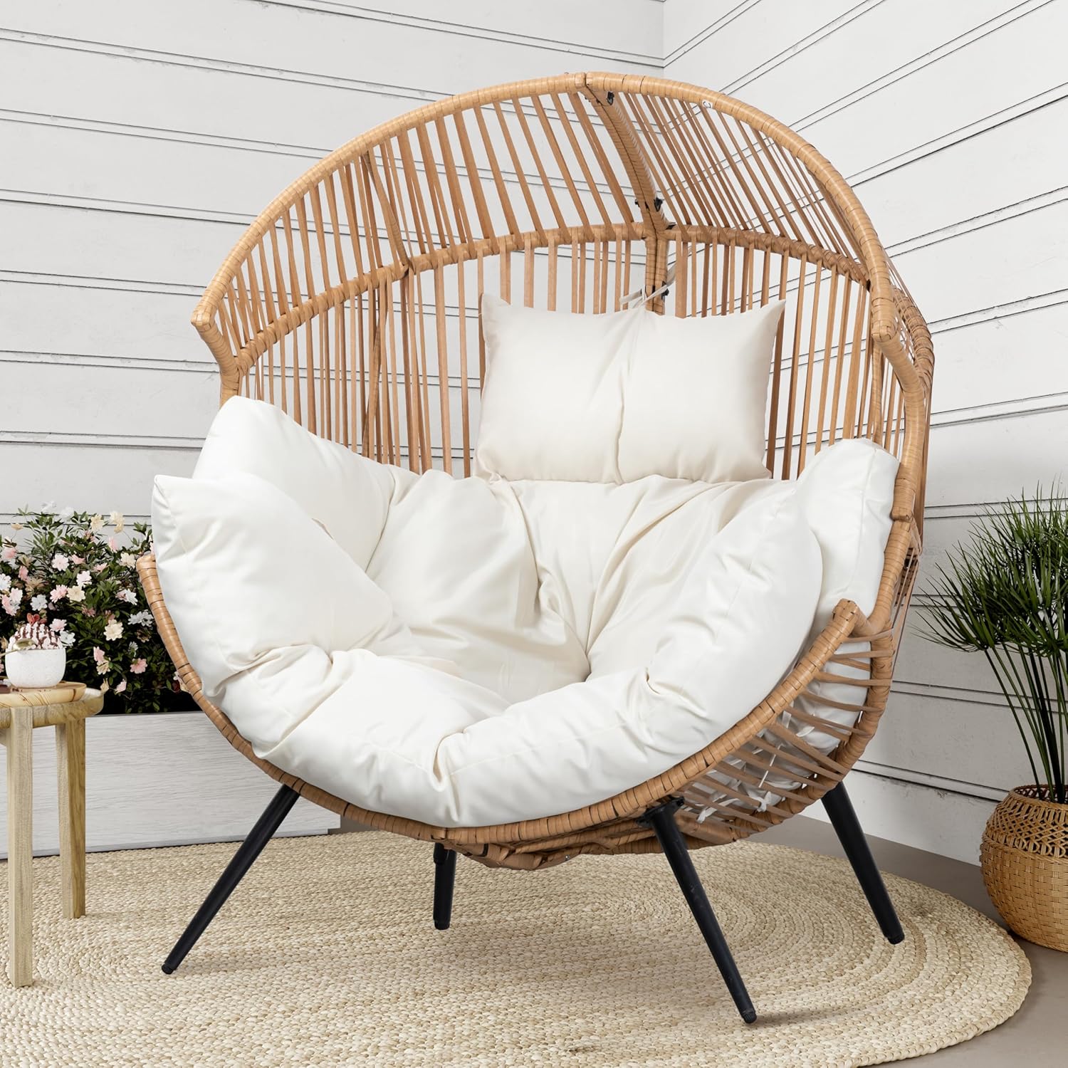 Shintenchi Wicker Egg Chair Outdoor Rattan Patio Chair with Cushion Oversized Patio Lounge Chairs with Cushion Egg Basket Chair  Egg Seat for Indoor Living Room Bedroom Outside Patio Backyard Balcony
