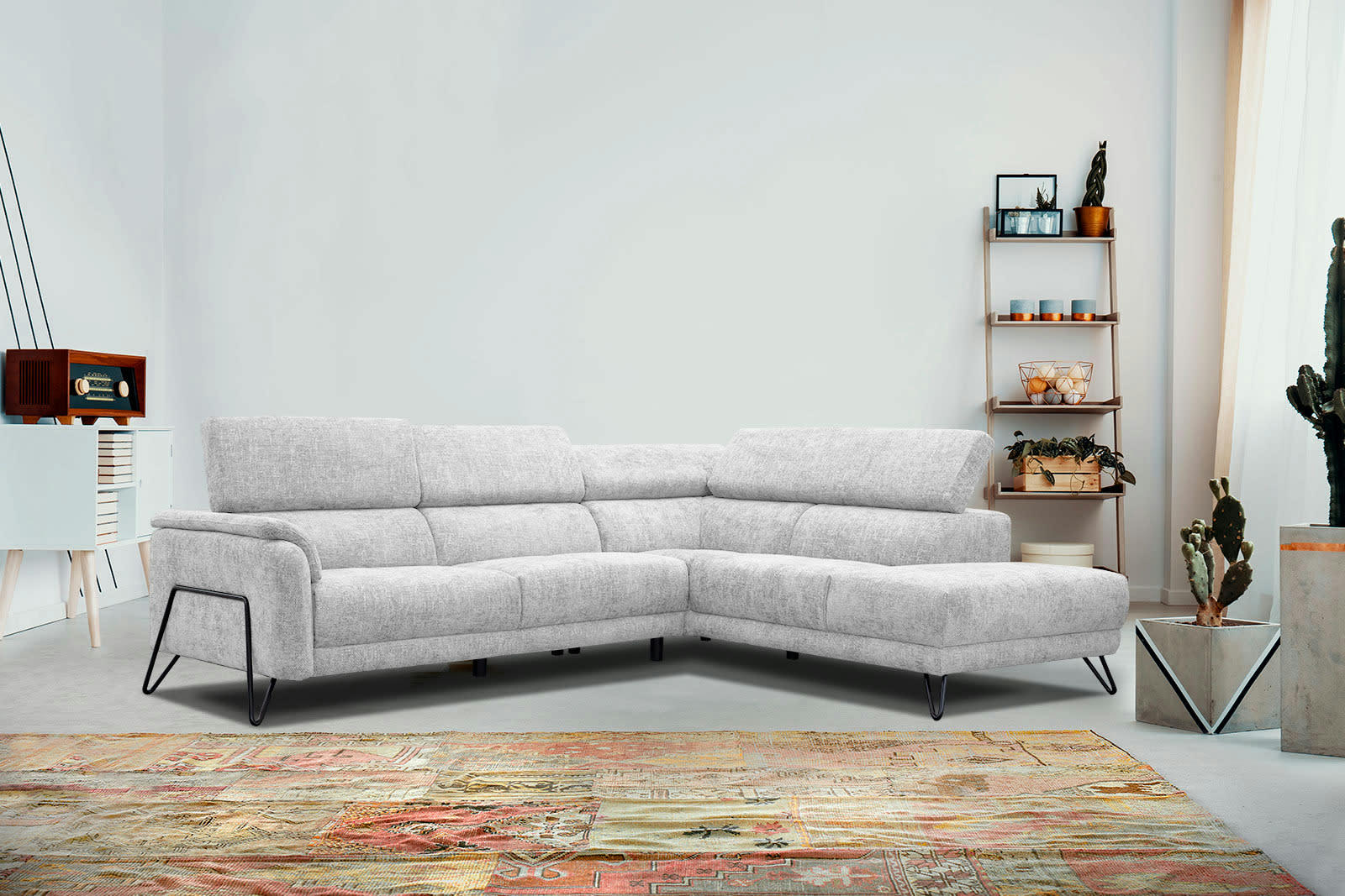 RODEN - Canapé d'angle droit 5 places tissu gris clair