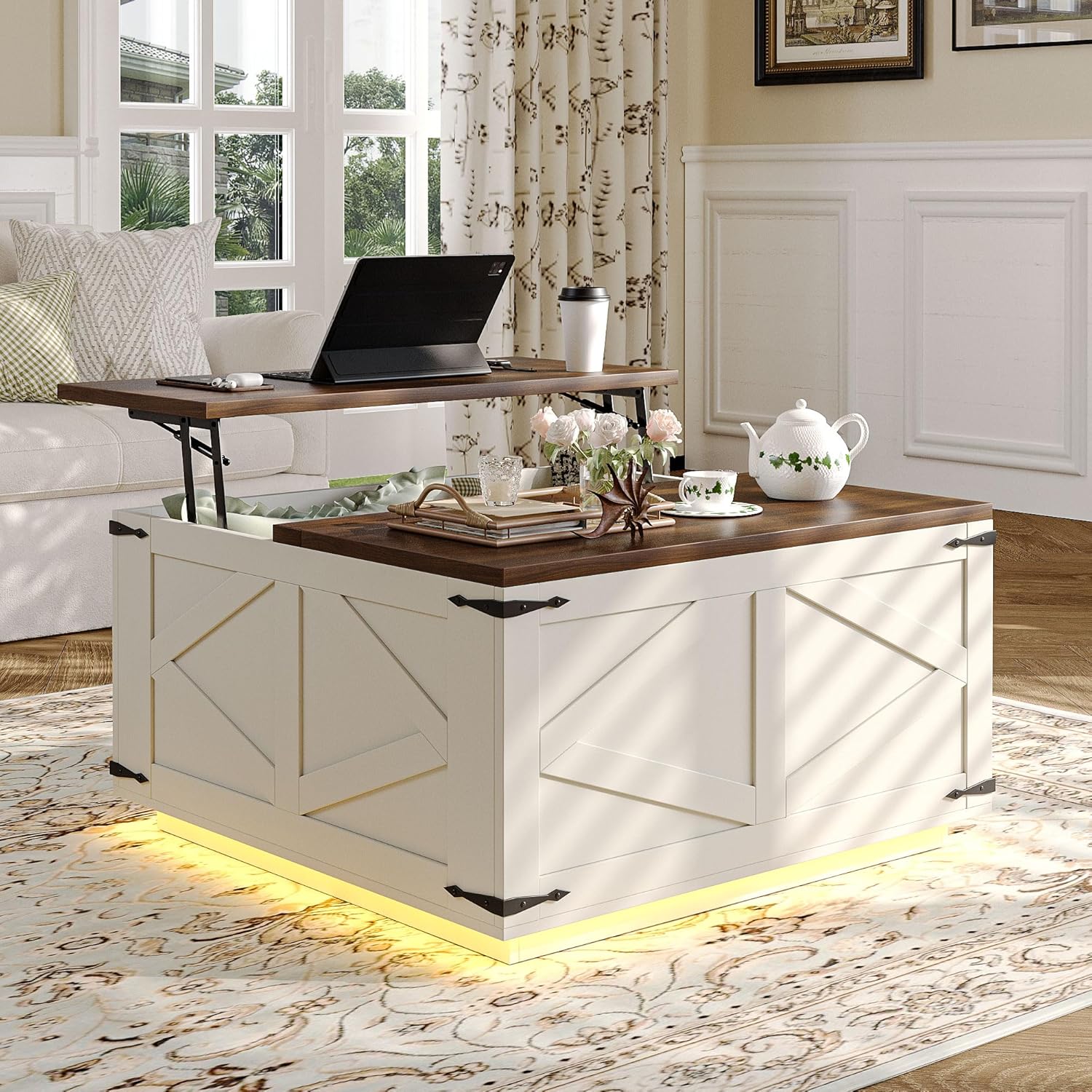 Jocoevol Farmhouse Lift Top Coffee Table, Square Wood Center Table with LED Lighting, USB-C Charging Station, and Hidden Storage Compartment - Rustic White & Oak Living Room Furniture