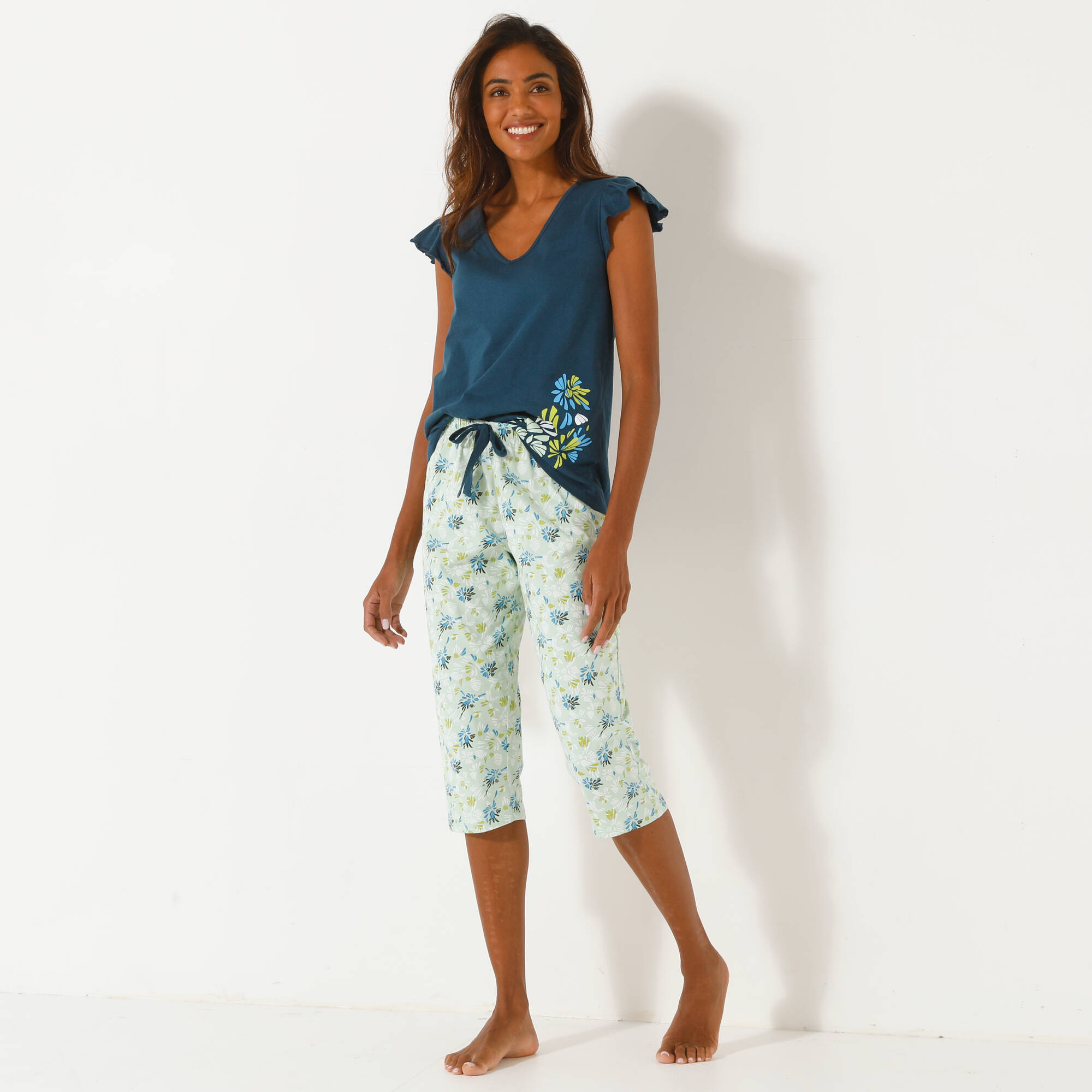Pantacourt de pyjama imprimé fleuri