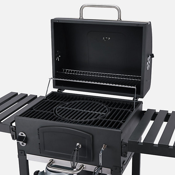 Barbecue Grill charbon de bois noir - Fumoir avec récupérateur de cendres. aérateurs. bac charbon ajustable et tablettes