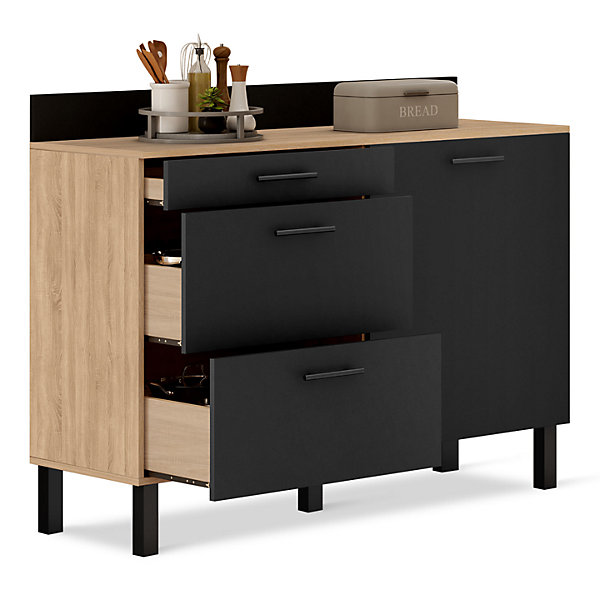 Buffet bas casserolier de cuisine 120 cm CINA plan de travail H.83 cm 1 porte   3 tiroirs façon hêtre et noir