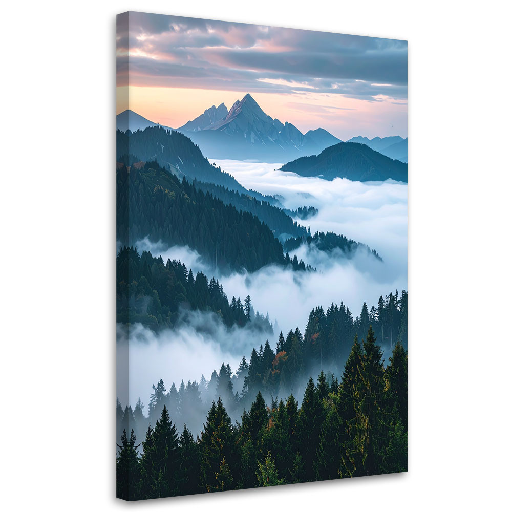 Obraz do salonu sypialni biura, Pejzaż widok góry las mgła natura 20x30