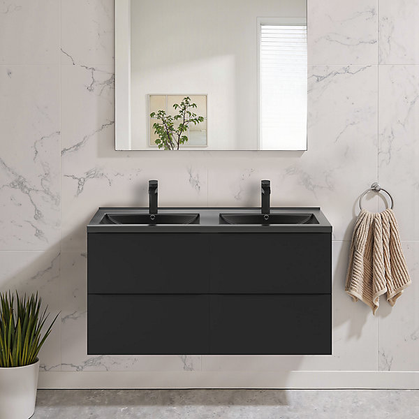 Meuble vasque suspendu noir mat l.120 cm Imandra   plan double vasque noir céramique Nira, GoodHome
