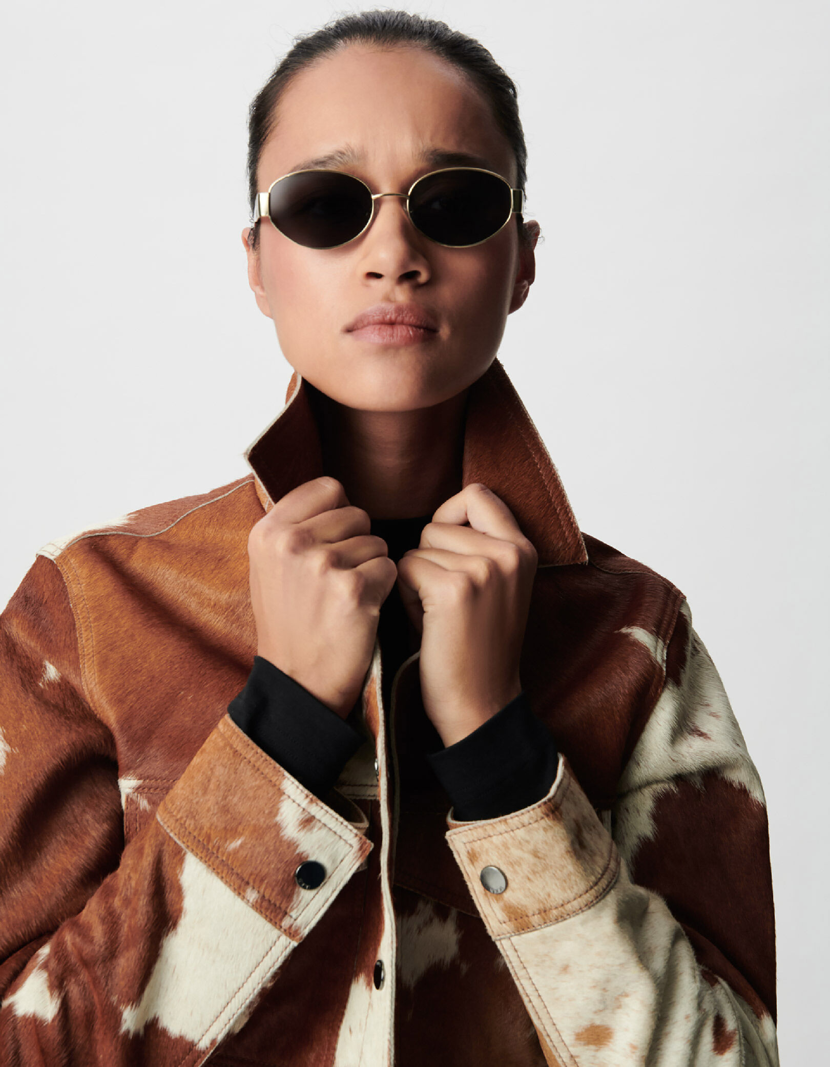 Veste courte en cuir marron motif vache Femme