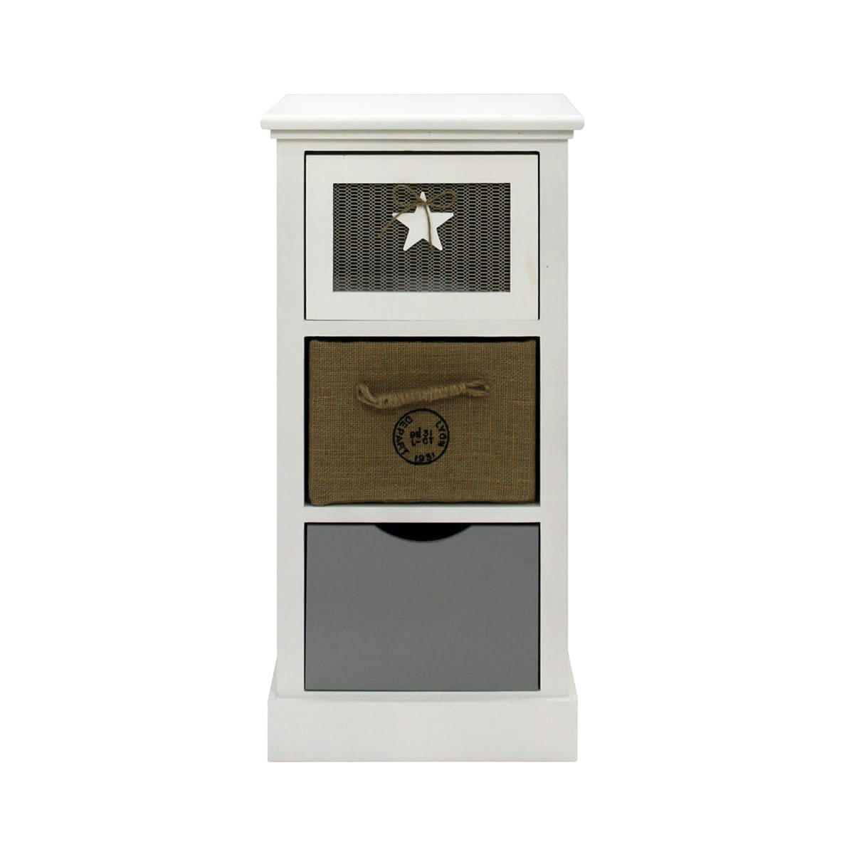 - Table de chevet avec 3 tiroirs en MDF et tissu blanc brun et gris