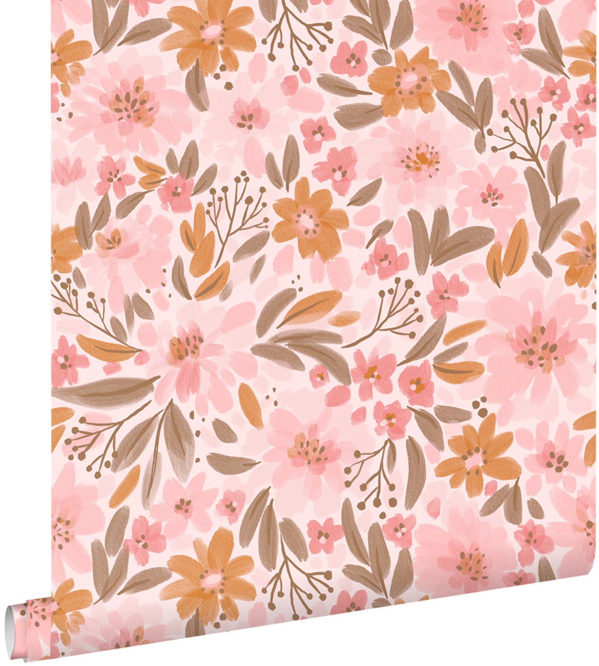 ESTAhome behang bloemen roze, oranje en vergrijsd groen - 50 x 900 cm - 130925