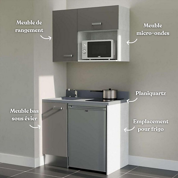 Kitchenette K00 - 100 cm - façades Gris - Plan monobloc en quartz coloris Cromo évier à gauche