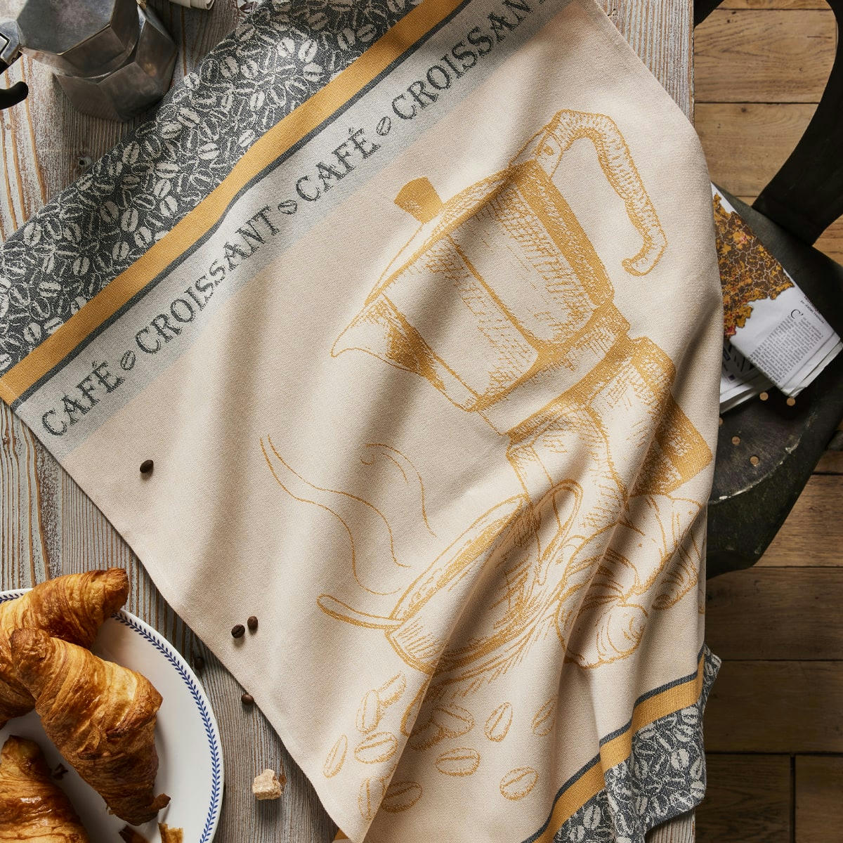 CAFÉ CROISSANT - Torchon en coton beige 50x75