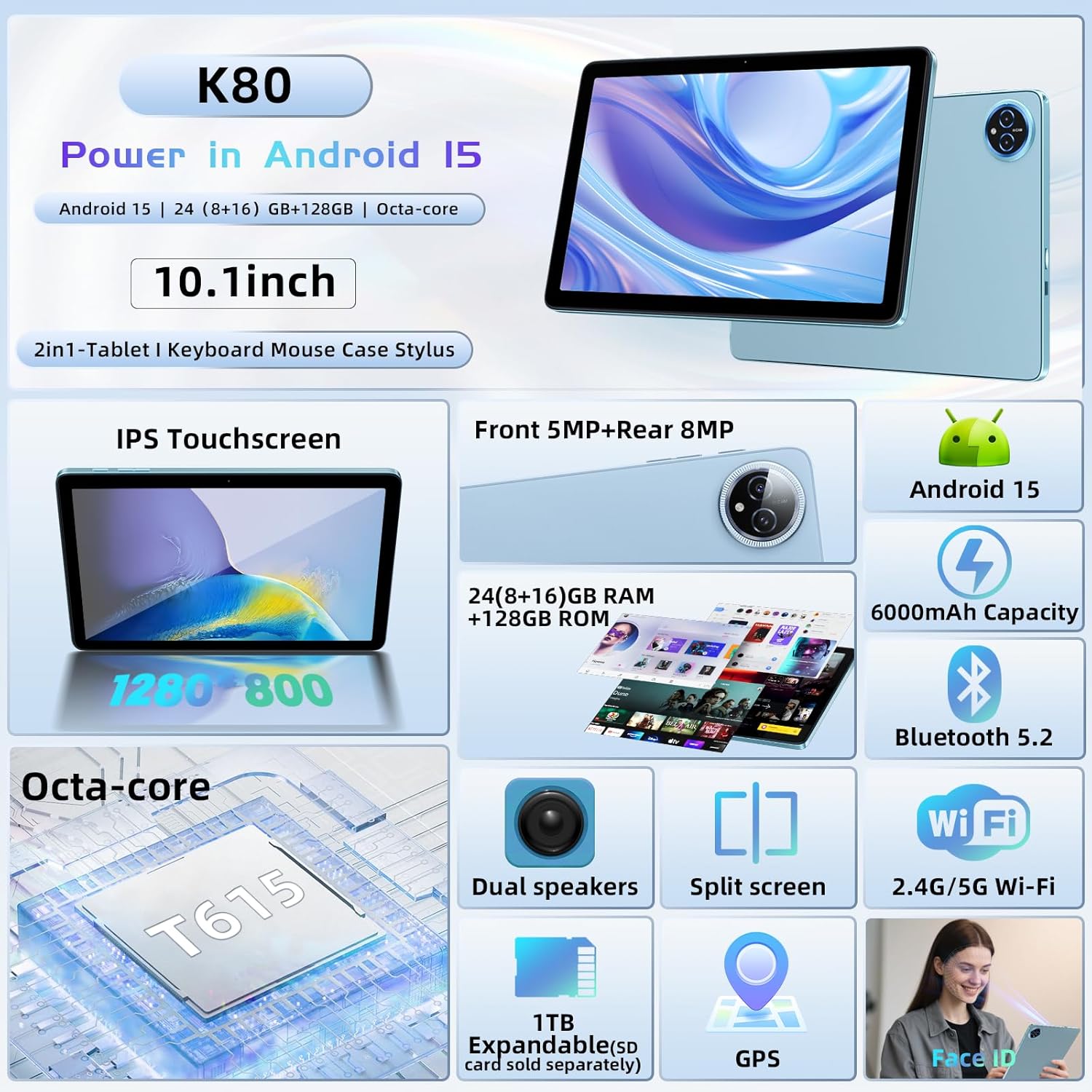 Android 15 Tablet 10 inch, 24GB RAM 128 ROM, Tablets with Keyboard Case Mouse Stylus, 1TB Expandable, Octa-Core 6000mAh 1280x800 IPS HD, WiFi, T615 CPU, High Performance, Processor, Dual Camera (Blue)