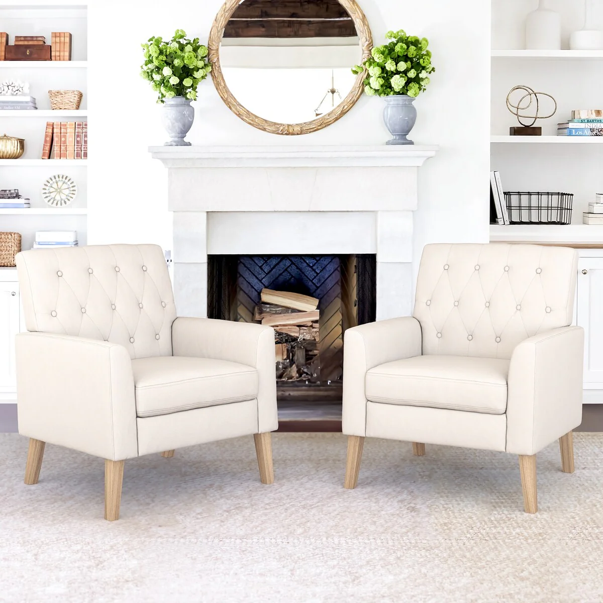 LUE BONA Mid-Century Modern Upholstered Linen Fabric Button Tufted Accent Chair Set of 2 - 28.5 W X 27.25 D X 33.75 H