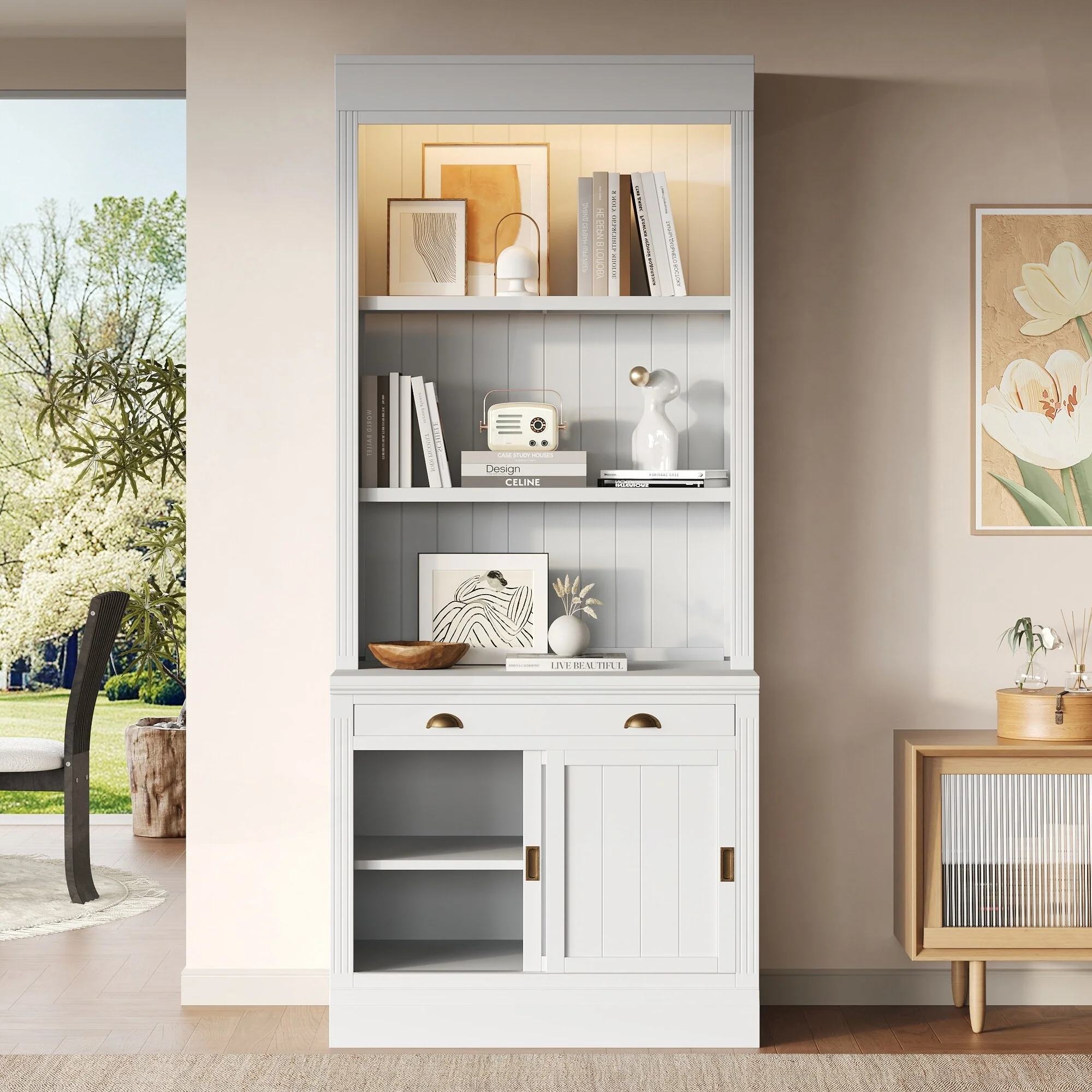 Modern Tall Bookshelf with LED Lighting and Versatile Storage Options