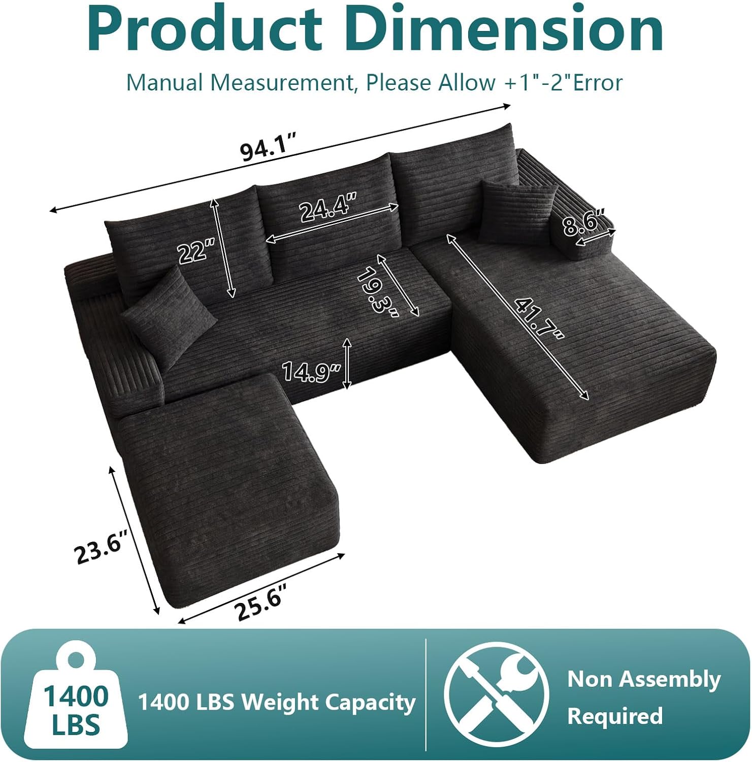 95 U-Shape Cloud Couch, Modern Modular Sectional L-Shape Sofa with Ottoman, Corduroy Upholstered Couches Deep Seat Sleeper Chaise Longue for Living Room, No Assembly Required(Black, Right Facing)