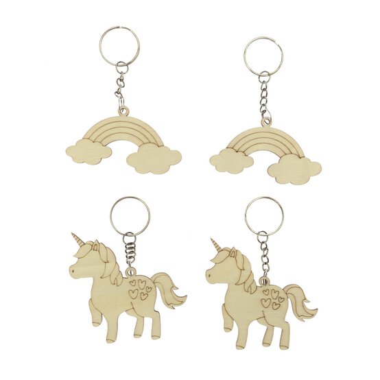 Unicorn and Rainbow Wooden Keyrings 4 Pack