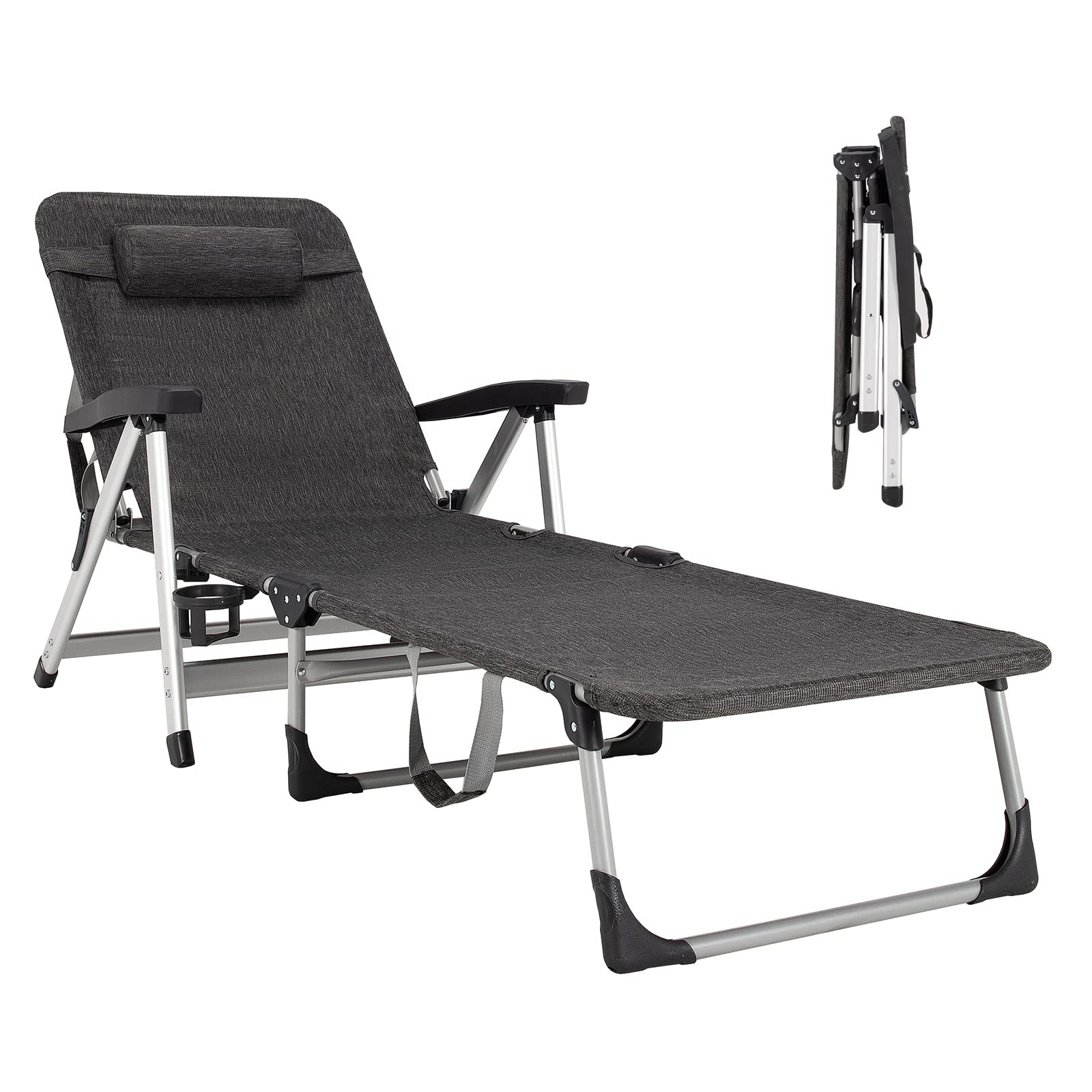 Chaise Lounge Chair, Folding Outdoor Patio Lounger with Cup Holder  Detachable Headrest(1/Grey)