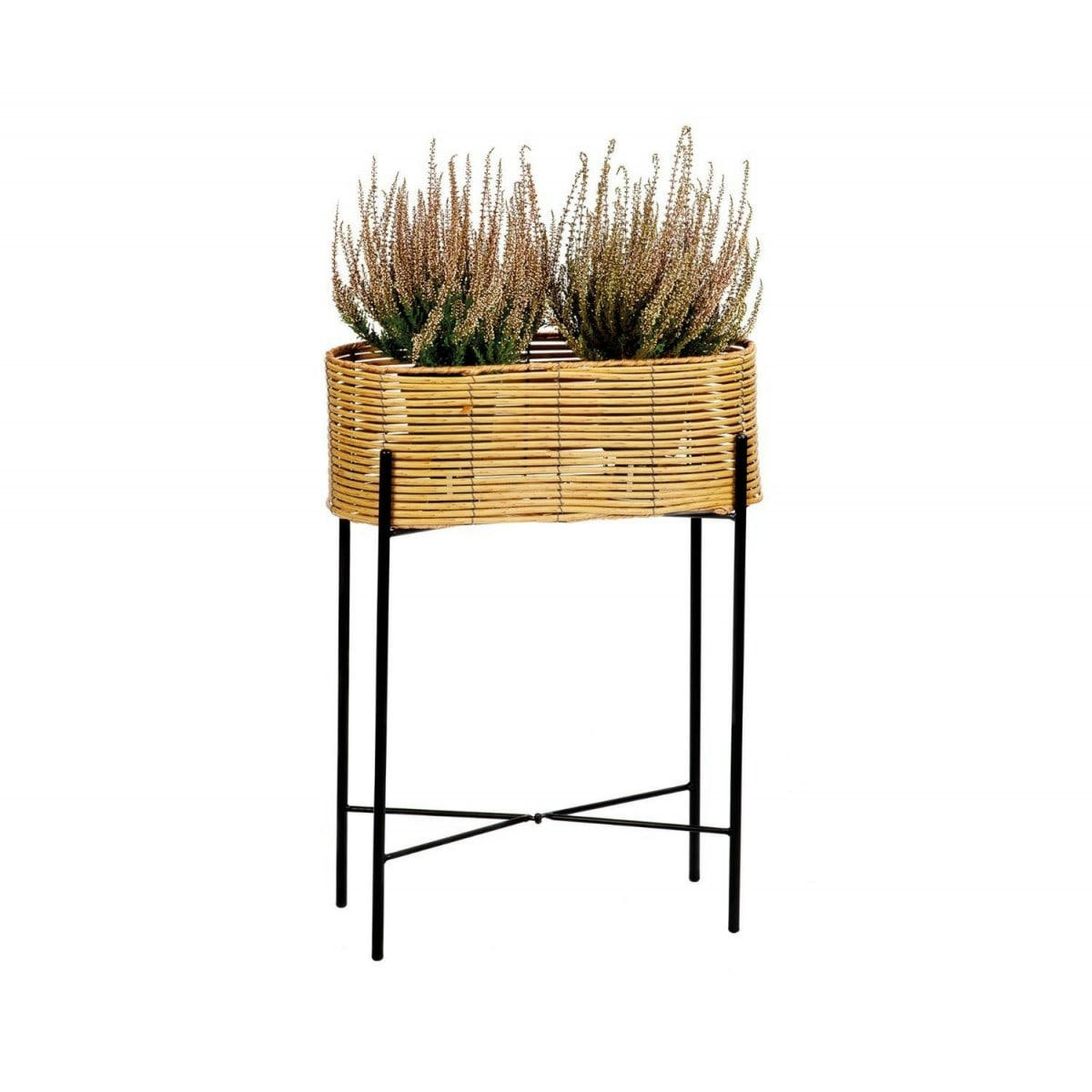 - Support pot plante en rotin synthétique et métal noir 49x20x66cm