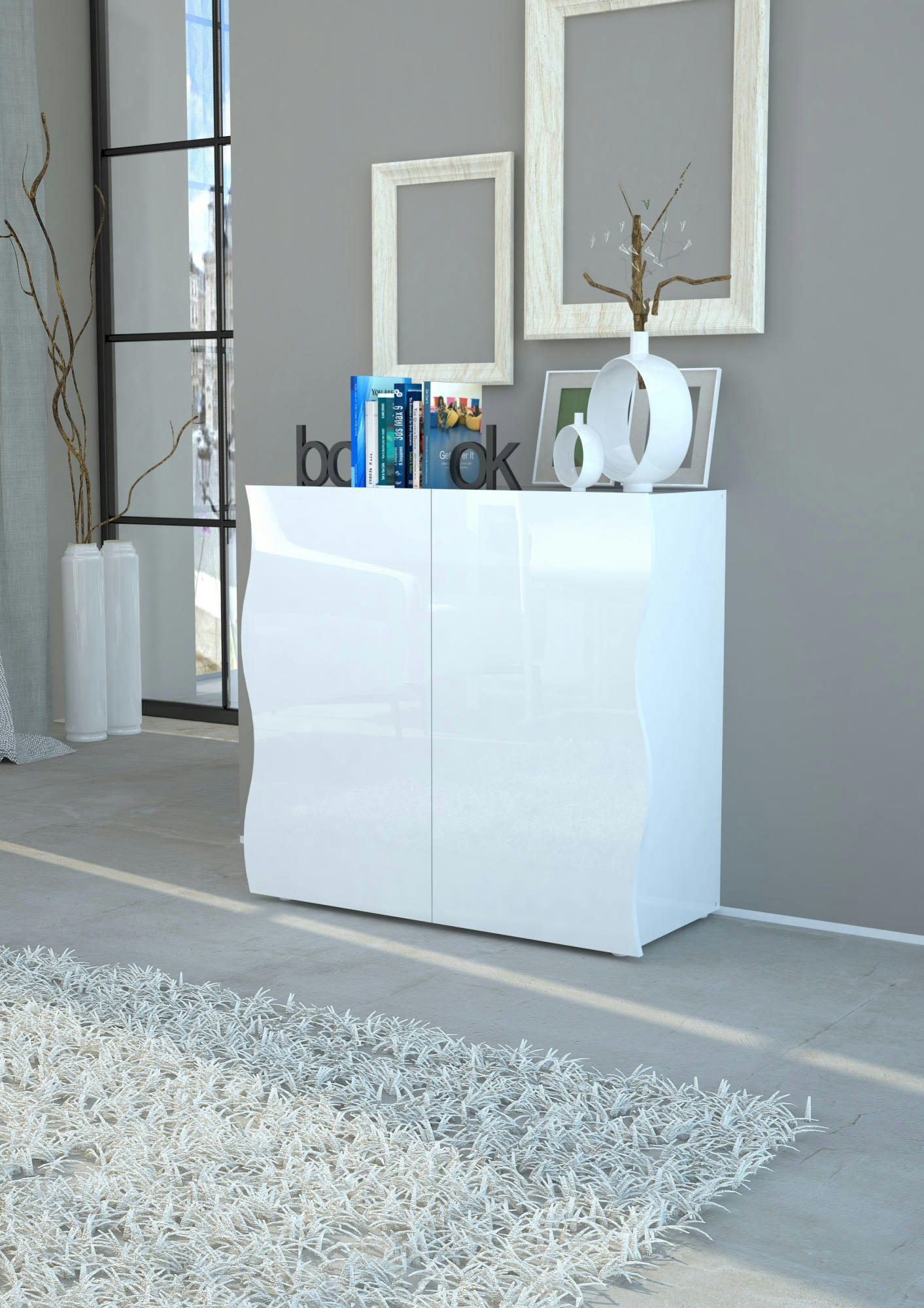 - Buffet moderne effet bois blanc brillant