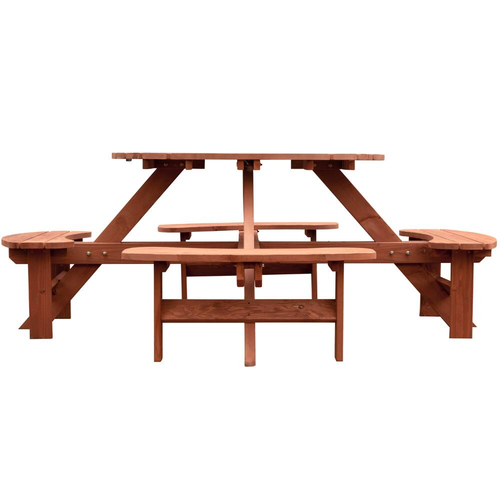 Leisure Season Acrylic Coated Round Wooden Picnic Table with Benches, Medium Brown, 82 x 82 x 30-in