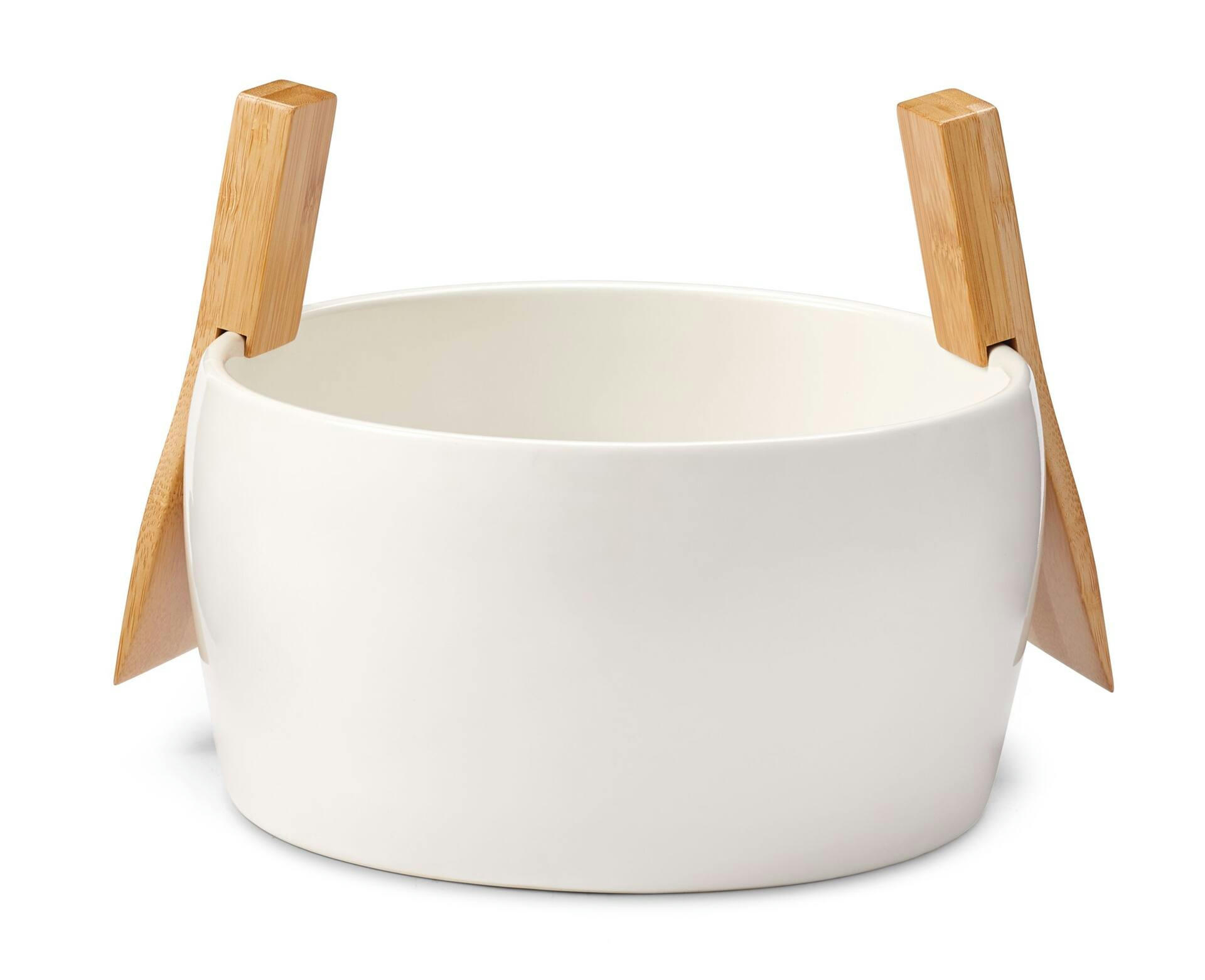 CANVAS Round Stoneware Reusable Salad Bowl with Bamboo Tongs, White, 10-in, 3-pk, for Christmas/Thanksgiving/New Year's Eve/Birthday Party