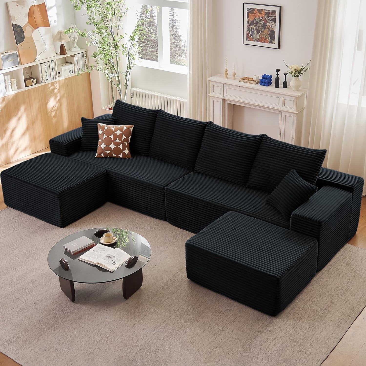 140 Modular Sectional Sofa with 2 Ottomans, Modern Corduroy Cloud Couch with Deep Seat, Boneless Couch Upholstered 4-Seater U-Shaped Sofa for Living Room, No Assembly Required (Black,2 Ottomans)